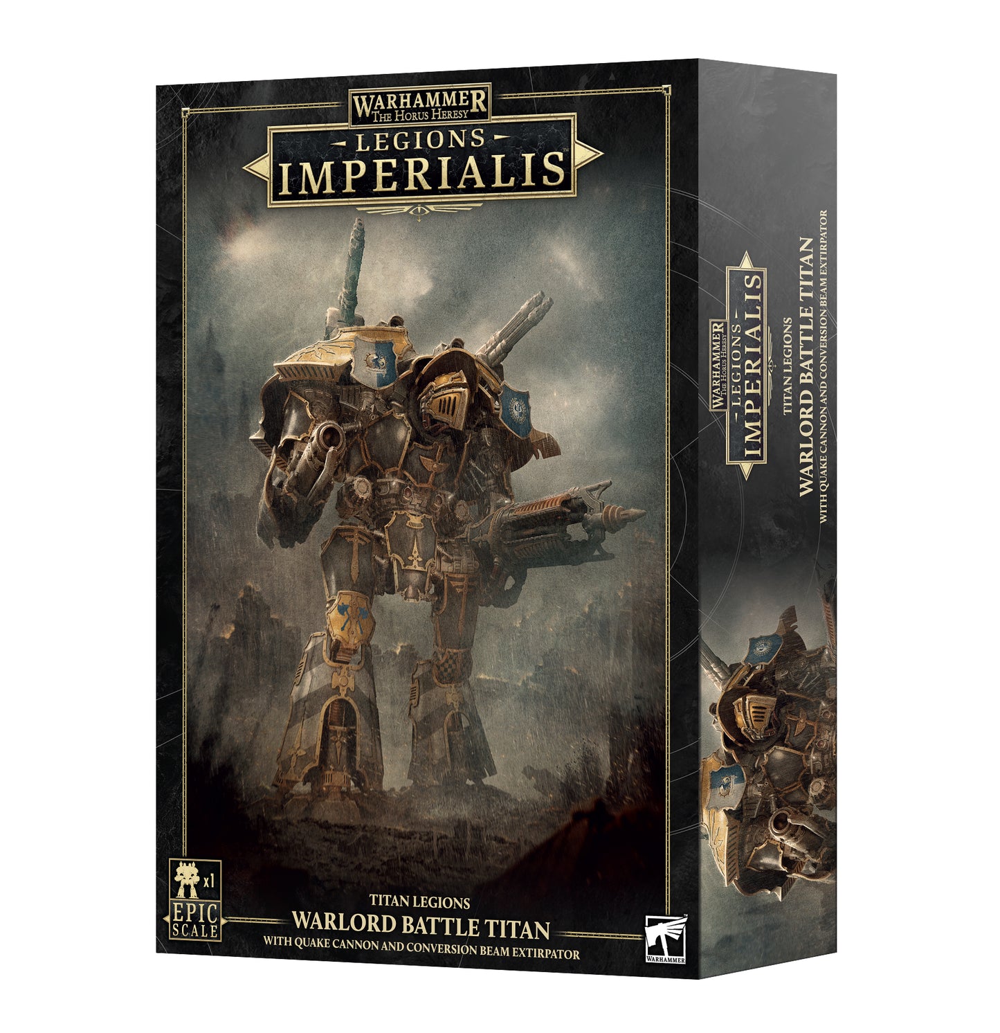 Warhammer 40k: Legions Imperialis Warlord Battle Titan board game box, featuring a detailed illustration of a Titan mech in a dark, smoky battlefield setting.