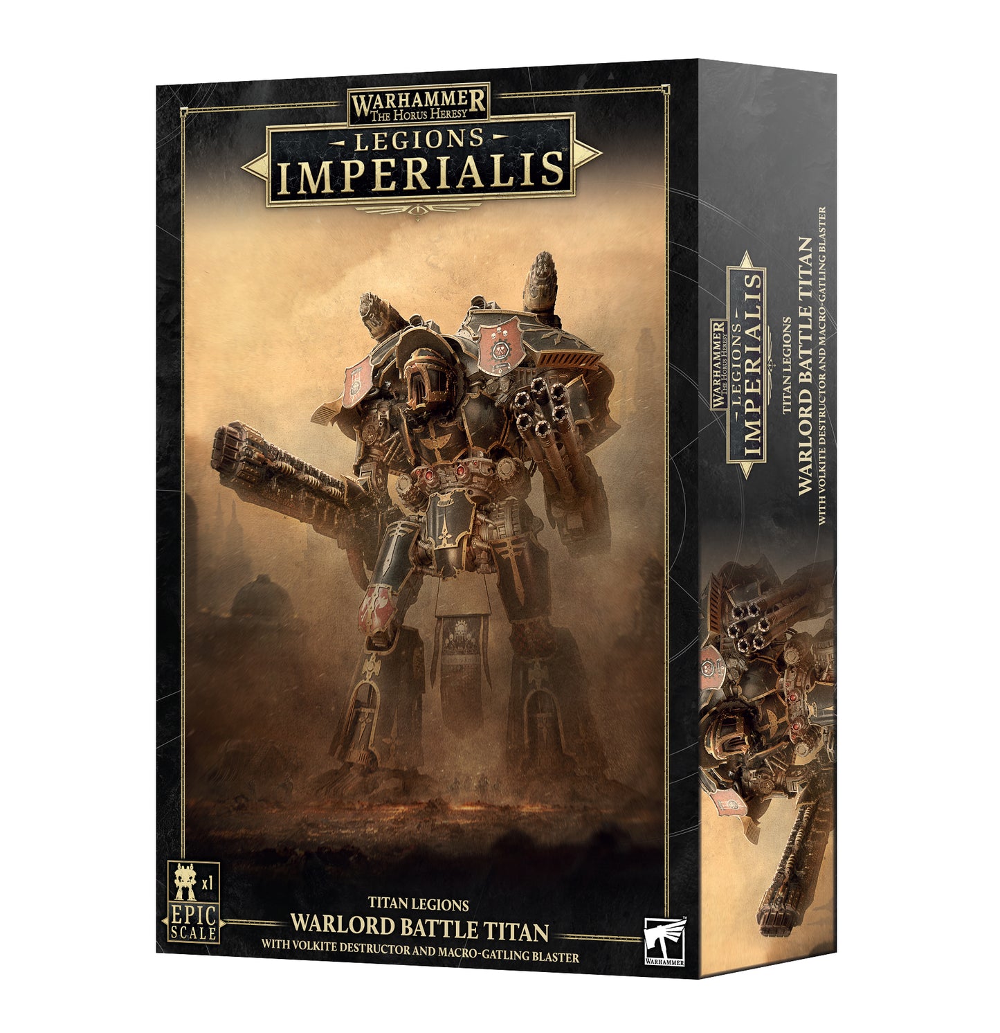 Warhammer 40k: Legions Imperialis Warlord Battle Titan box set, featuring a detailed illustration of the Titan on the front cover and side panel, with the Warlord Games logo at the bottom.