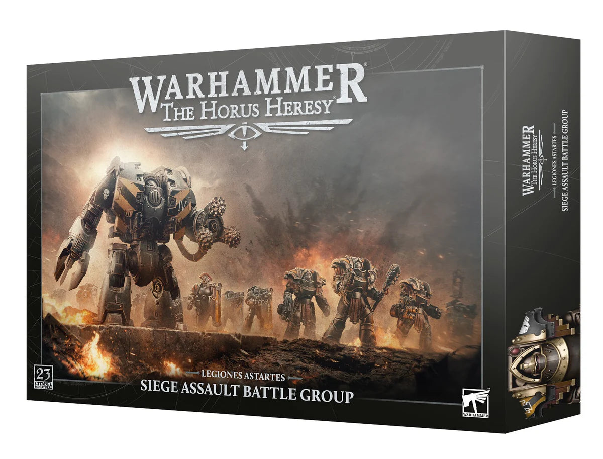 Warhammer The Horus Heresy siege assault battle group box with characters and mechs on a dark background.