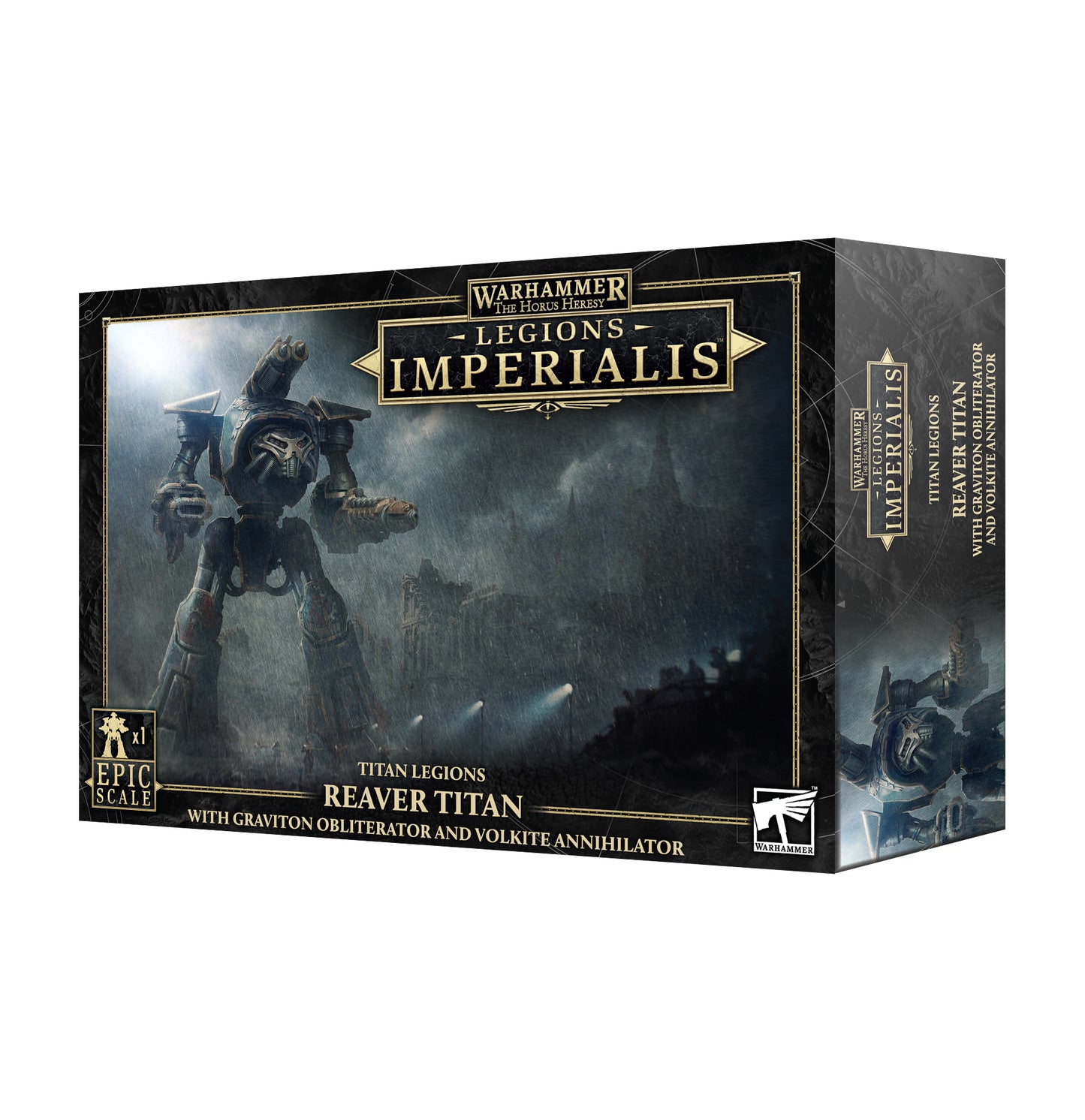 Warhammer 40k: Legiones Imperialis Reaver Titan board game box, featuring a dark sci-fi illustration of a Titan mech on a black and gold packaging design.