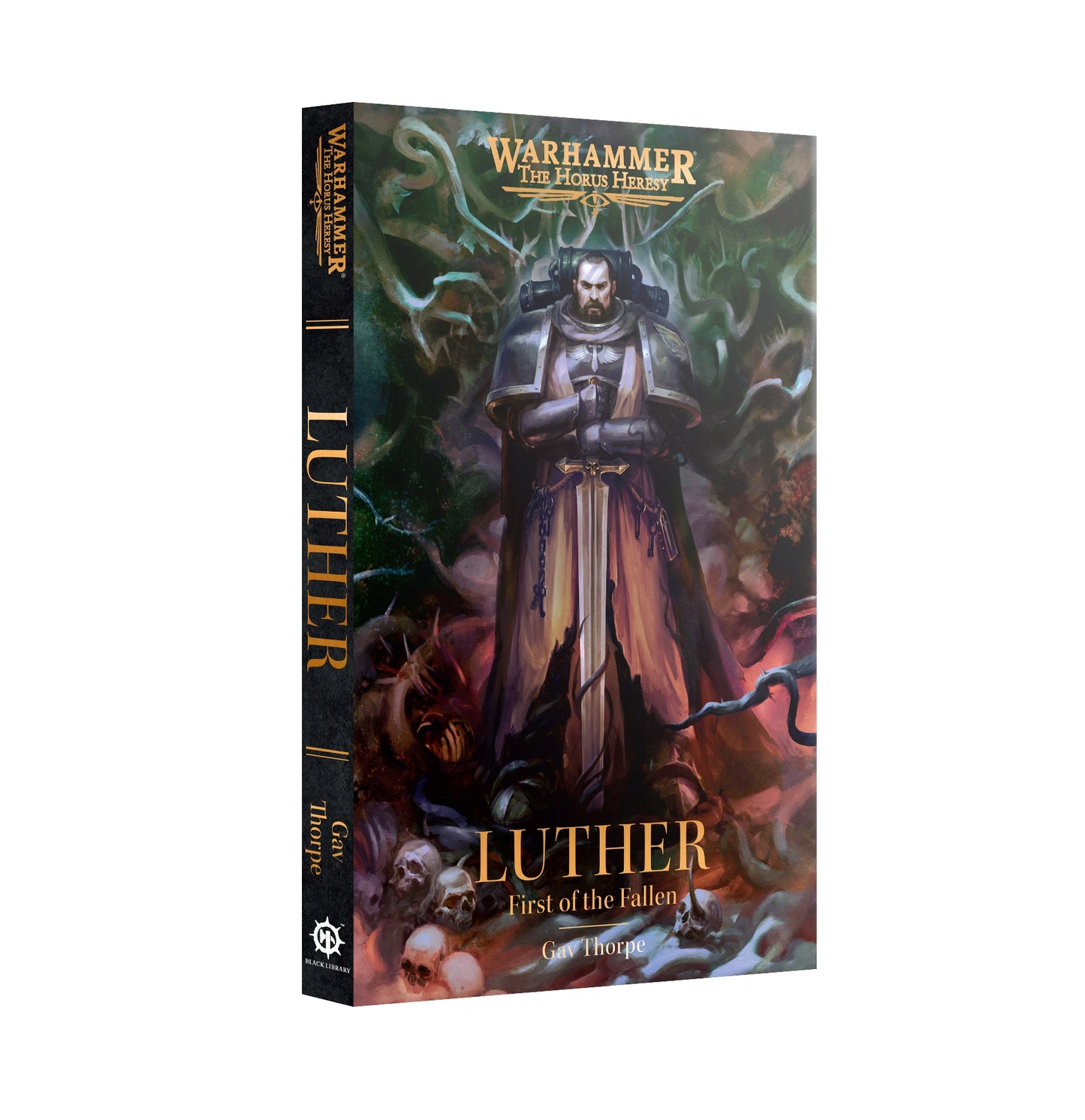 Luther: First of the Fallen book cover art featuring Luther holding a great sword in front of a field of brambles and skulls.