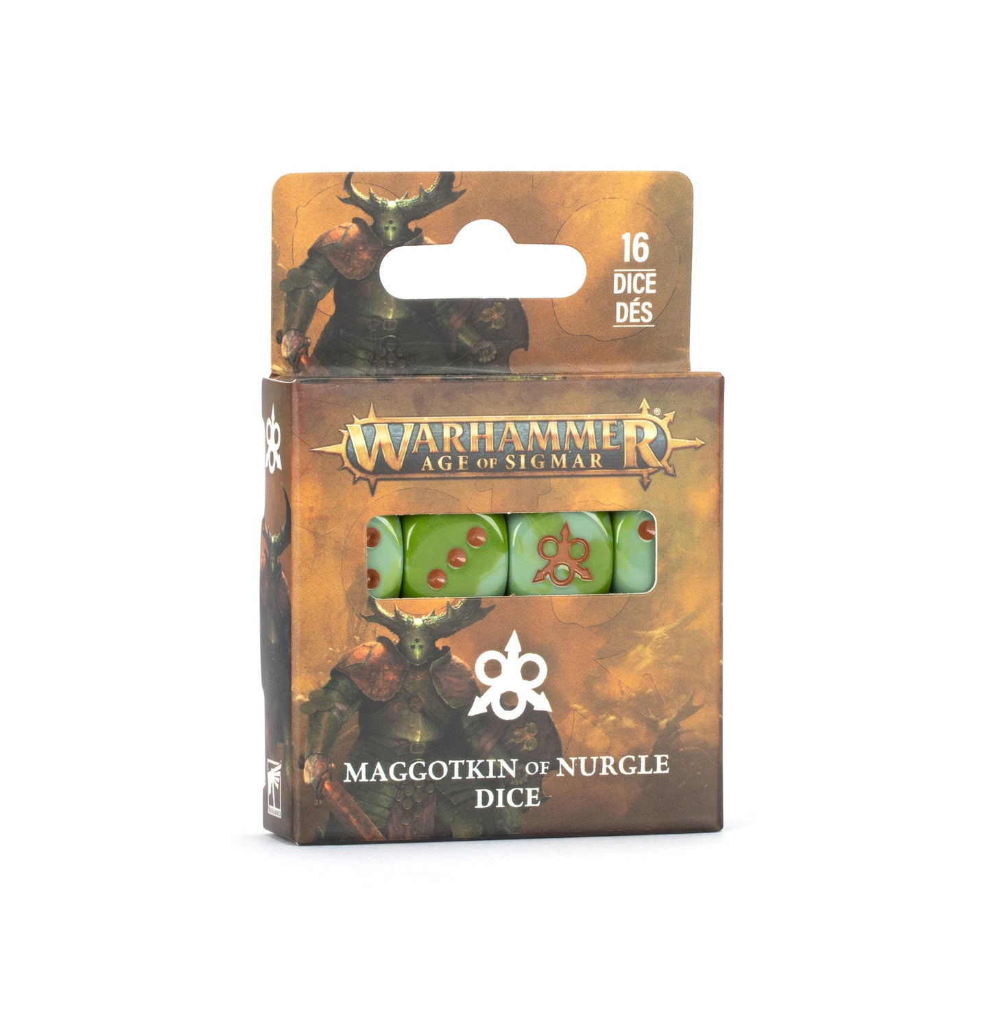 Warhammer Age of Sigmar dice set packaging with green dice on a white background