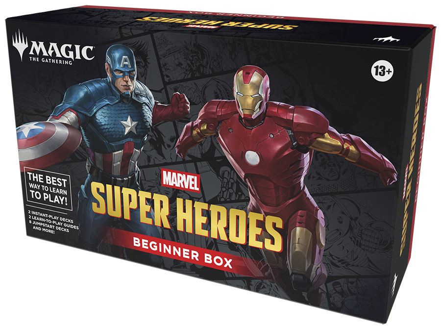 Marvel Super Heroes beginner box for Magic: The Gathering with Captain America and Iron Man on the packaging.