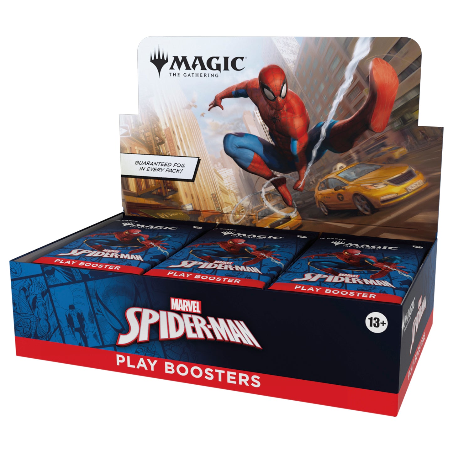 Marvel Spider-Man play booster box with Spider-Man graphic on a white background