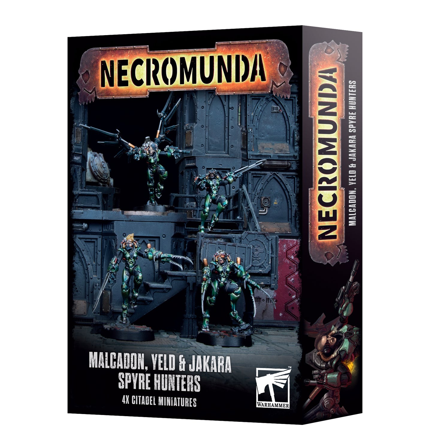 Box cover of Necromunda Malcadon, Yeld & Jakara Spyre Hunters 4x Citadel Miniatures by Warhammer, featuring detailed miniatures in a dark industrial setting.