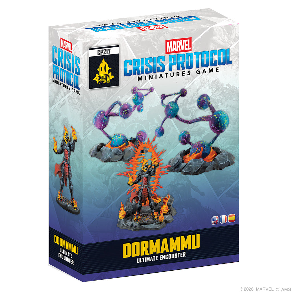 Marvel Crisis Protocol miniatures game packaging featuring Dormammu and other characters.