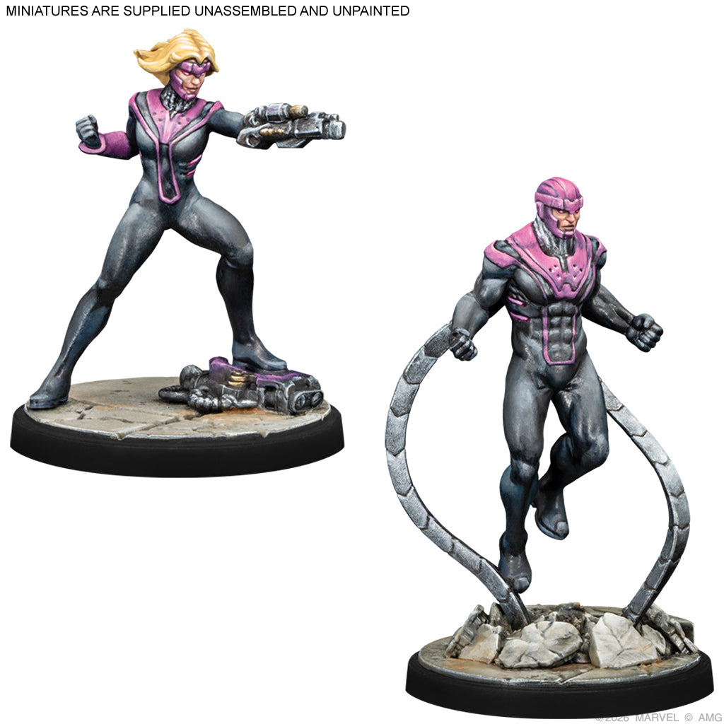 Two miniature figures on stands with a white background