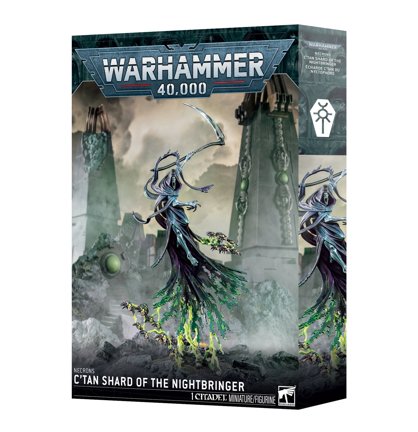 Warhammer 40,000 game box featuring a fantasy figure with a dark and stormy background. C'Tan Shard of the Nightbringer