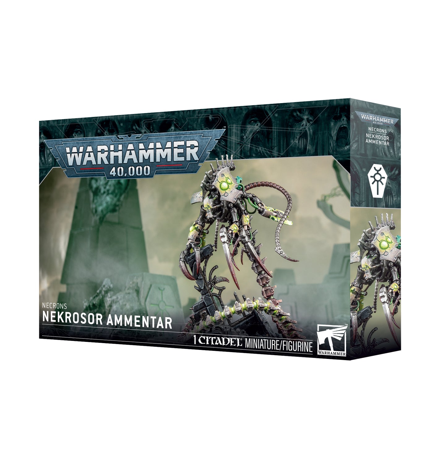 Boxed Warhammer 40,000 figurine with detailed design on a white background. Necrons Nekrosor Ammentar