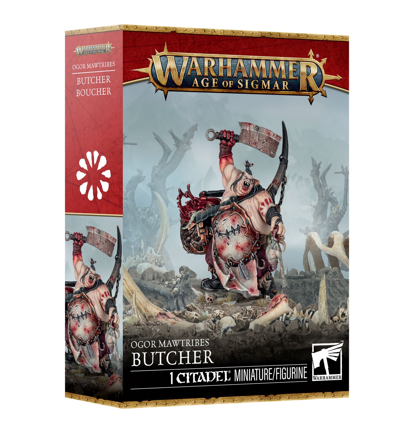 Warhammer Age of Sigmar Butcher miniature figurine box, featuring a red and black box design with an illustration of a pig-like butcher warrior carrying a severed head.