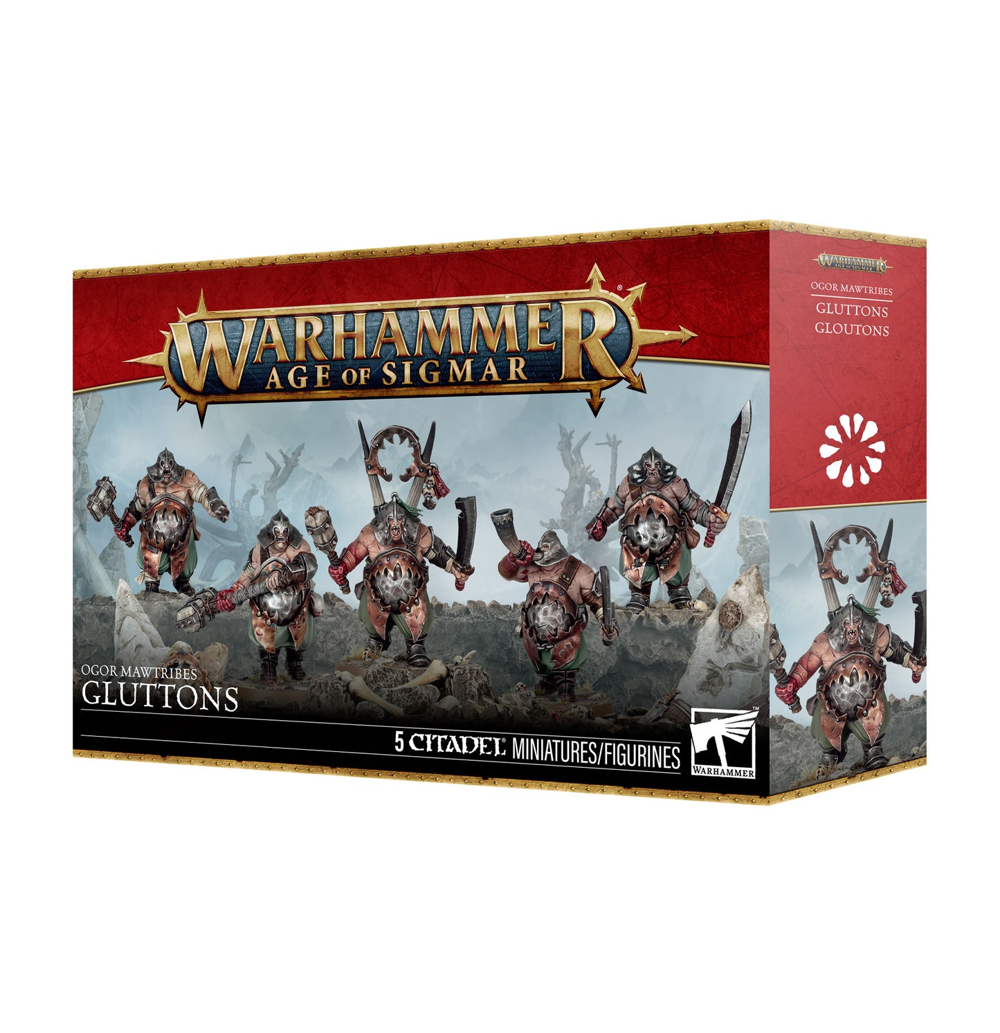 Warhammer Age of Sigmar Gluttons 5 Citadel miniatures figurins box, featuring red and gold packaging with illustrations of the gluttonous warriors.