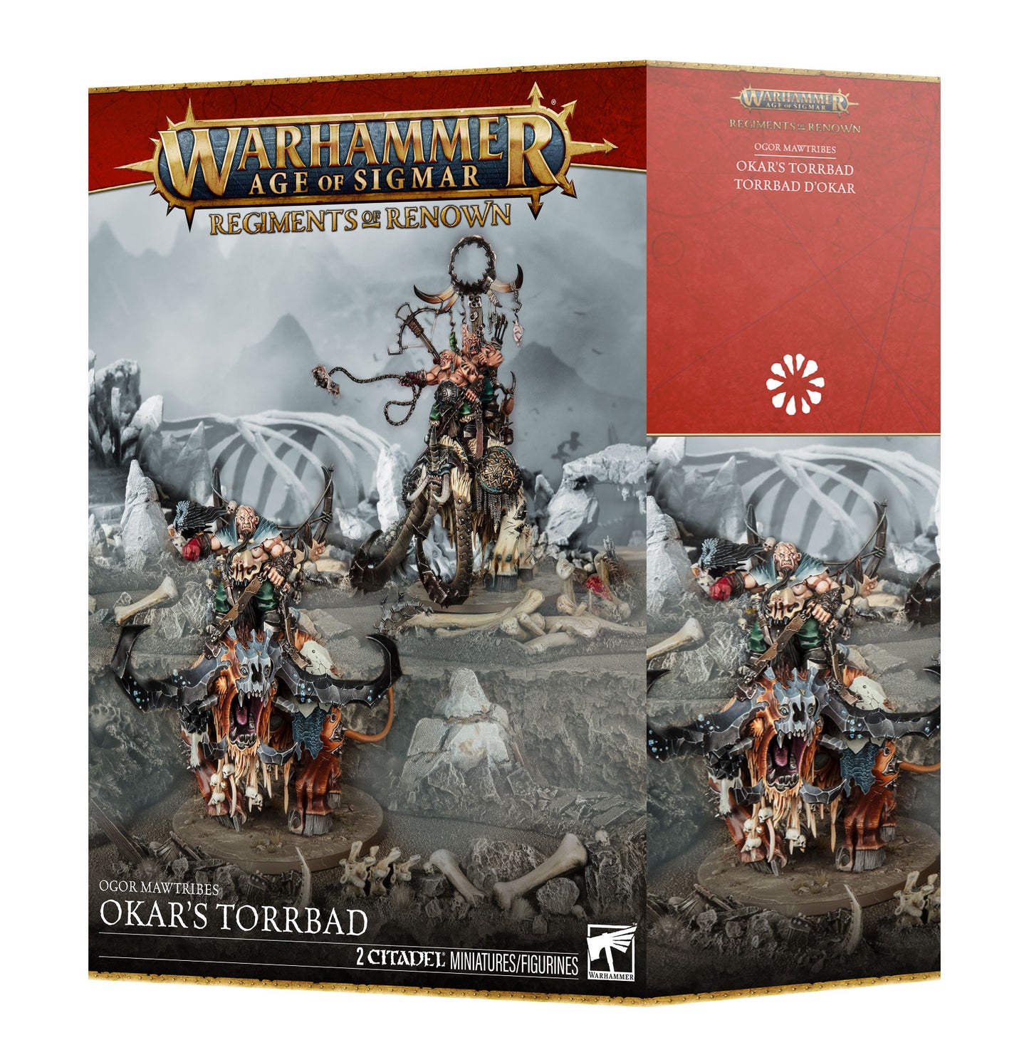 Warhammer Age of Sigmar Regiments of Renown Okar's Torrbad box set, showing the front and side packaging with detailed miniature artwork of a mounted warrior figure and a red brand panel.
