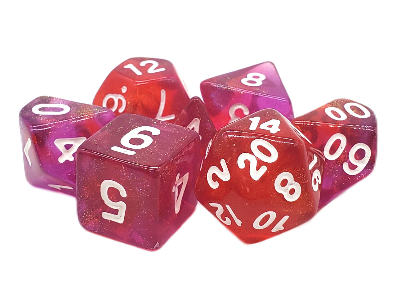 Set of red and purple polyhedral dice with white numbers on a white background