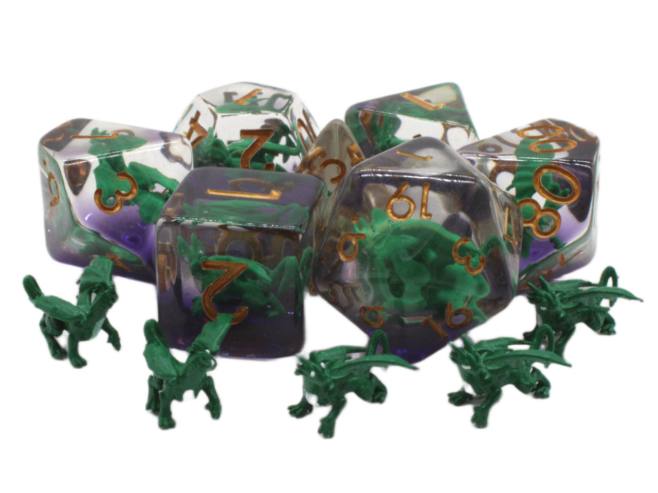 Set of dice with green and purple design, surrounded by small green dragon figures on a white background.