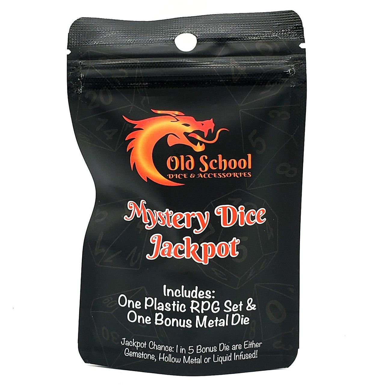 Black packaging of Old School Dice with a dragon logo and text about a mystery dice jackpot.