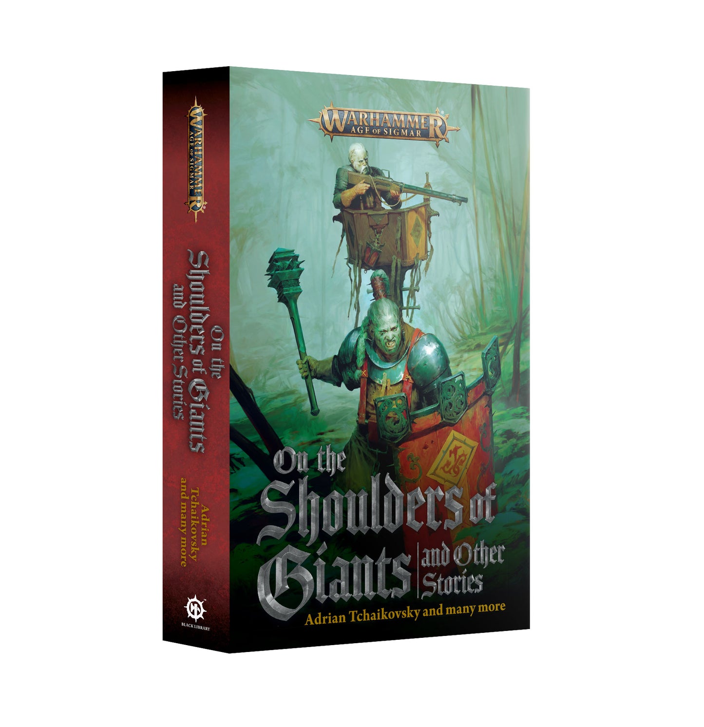 Book titled 'On the Shoulders of Giants and Other Stories' with a fantasy cover featuring armored characters.
