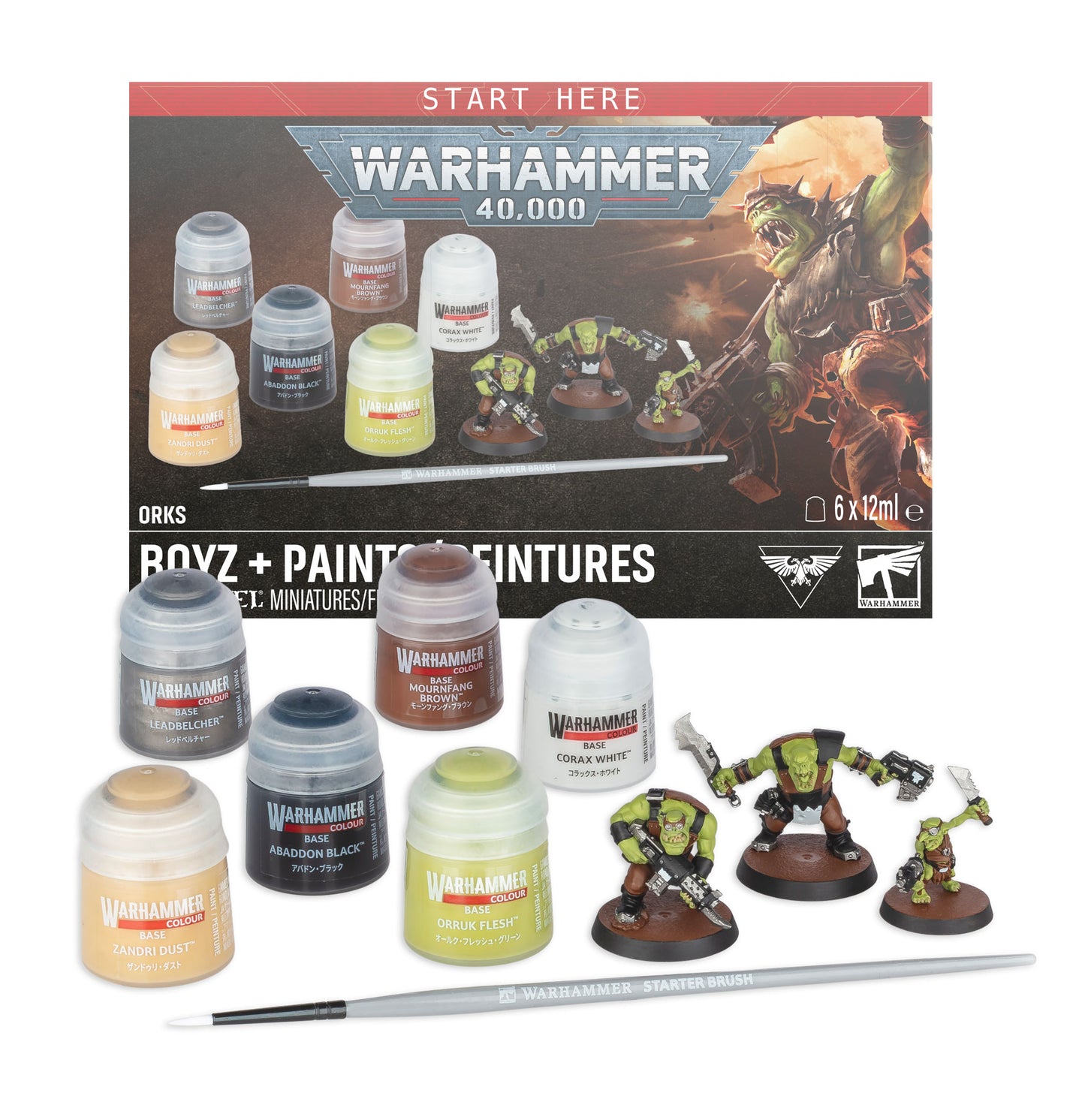 Warhammer 40,000 Orks + Painted Paintures miniatures kit contents displayed against the retail box, including multiple small paint bottles, a fine-tip brush, and painted Ork miniatures on a white background.