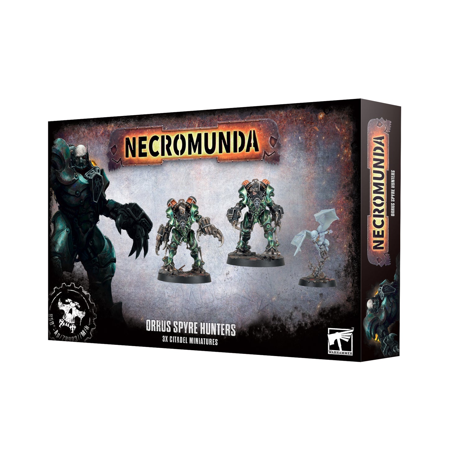 Boxed set of Necromunda: Orrus Spyre Hunters, featuring two cybernetic juggernauts and a small blue winged humanoid creature, known as Caryatid Prime, on a Necromunda 40mm Base.