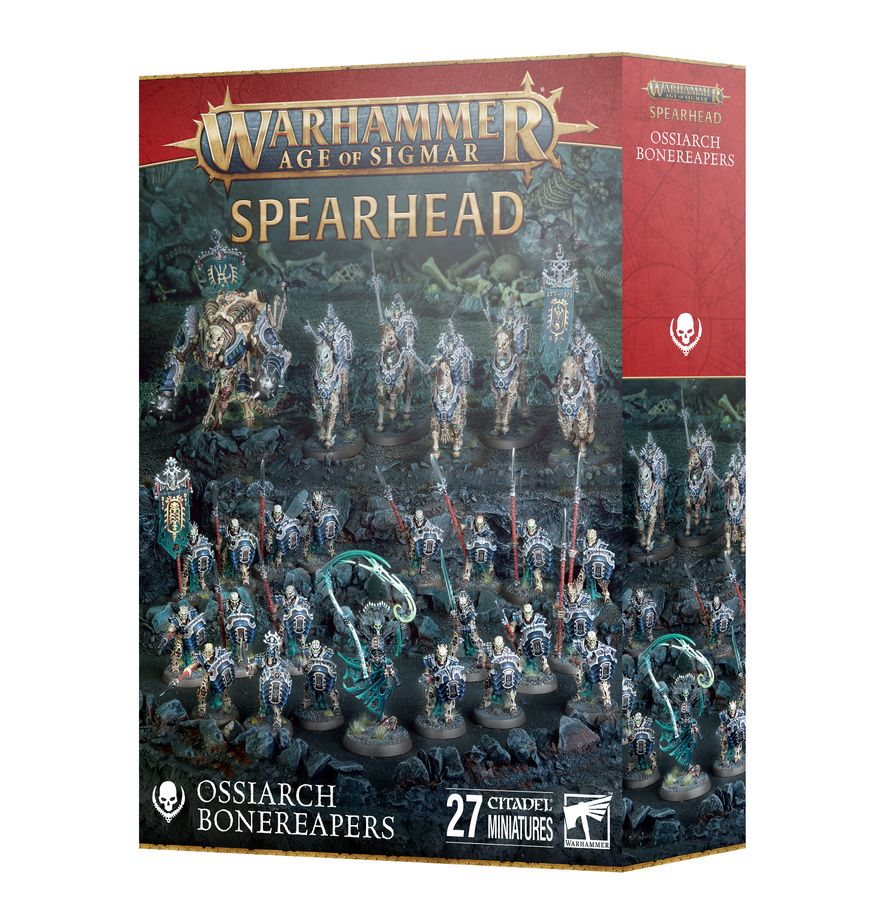 Warhammer Age of Sigmar Spearhead Ossiarch Bonereapers box with miniatures on a white background