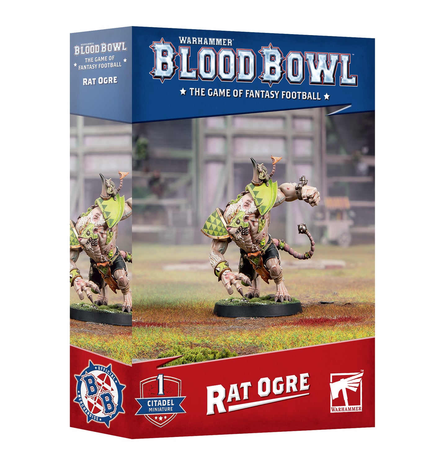 Warhammer 40k Blood Bowl tabletop gaming box for 'Rat Ogre', featuring a blue and red box design with a photo of the painted fantasy football miniature on the front.