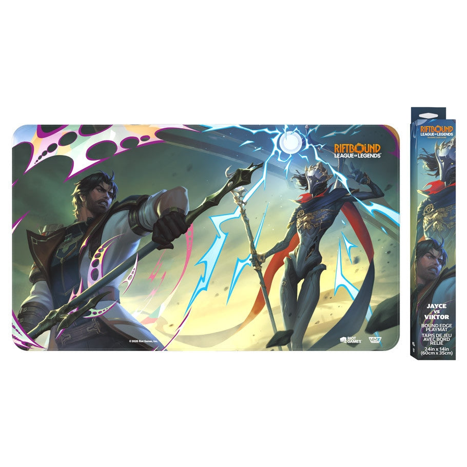 League of Legends playmat featuring a dynamic illustration of Jace and Viktor in combat, shown alongside its retail packaging on a plain white background.