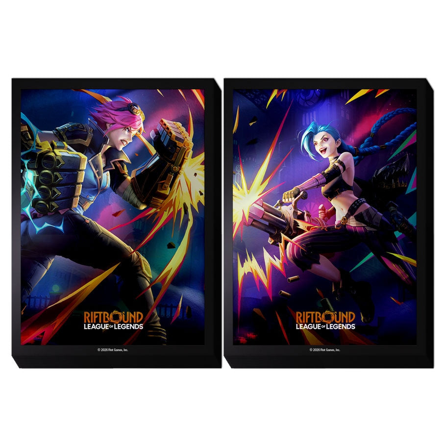 Image of the backs of the Riftbound League of Legends Vi vs Jinx sleeves side by side on a white background.