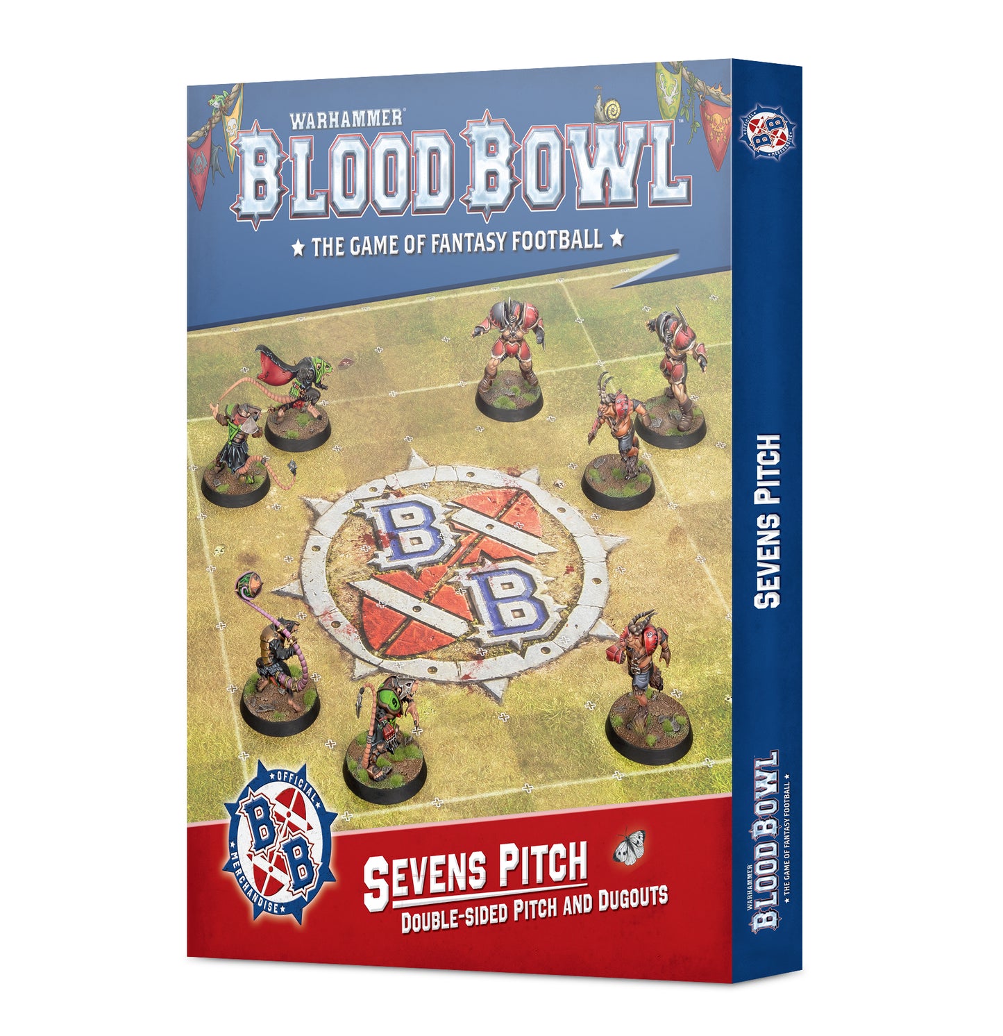 Warhammer Blood Bowl: Sevens Pitch double-sided pitch and duduks box set, showing the front and spine of the product box on a plain white background.