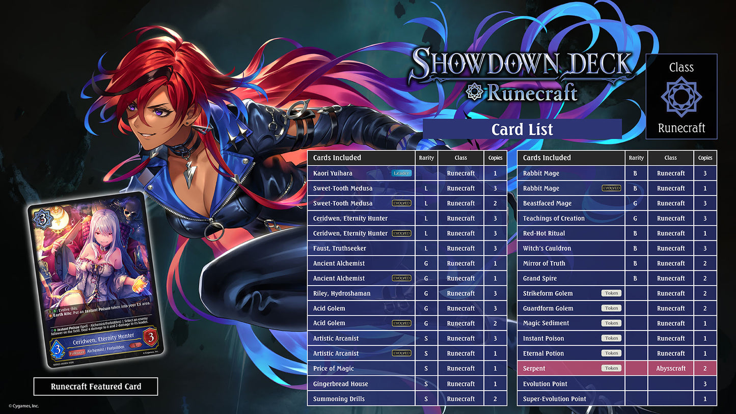 Character with red hair and futuristic outfit holding a card, with 'Showdown Deck' and 'Runicraft' text on a dark background.