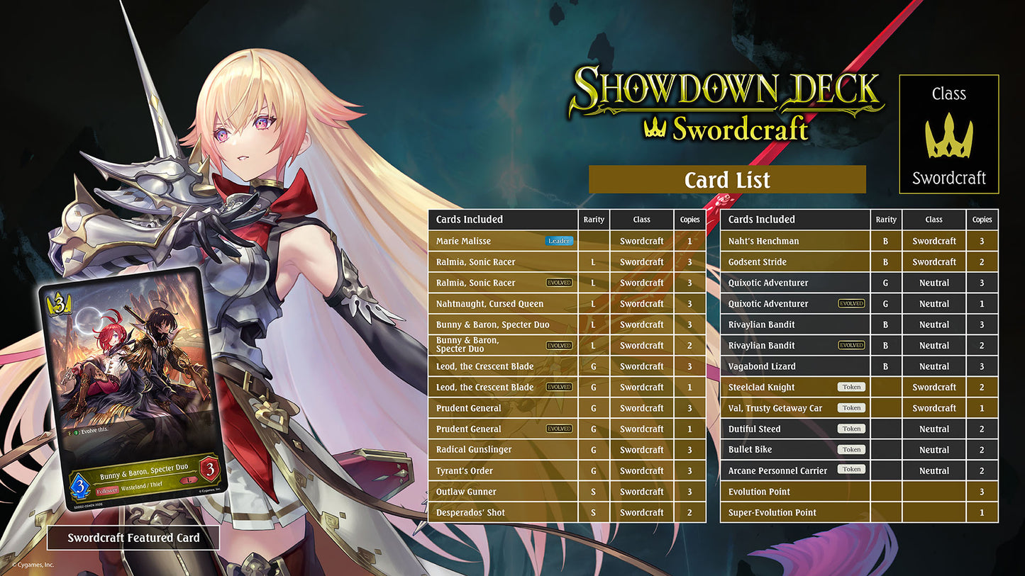 Card game interface for 'Showdown Deck: Swordcraft' with character and card list.