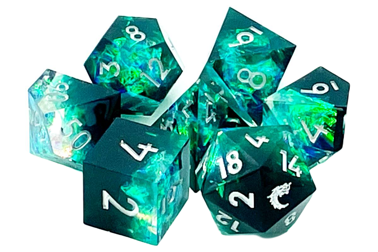 Old School Dice: 7 Piece Dice Set Sharp Edged Emerald Forest
