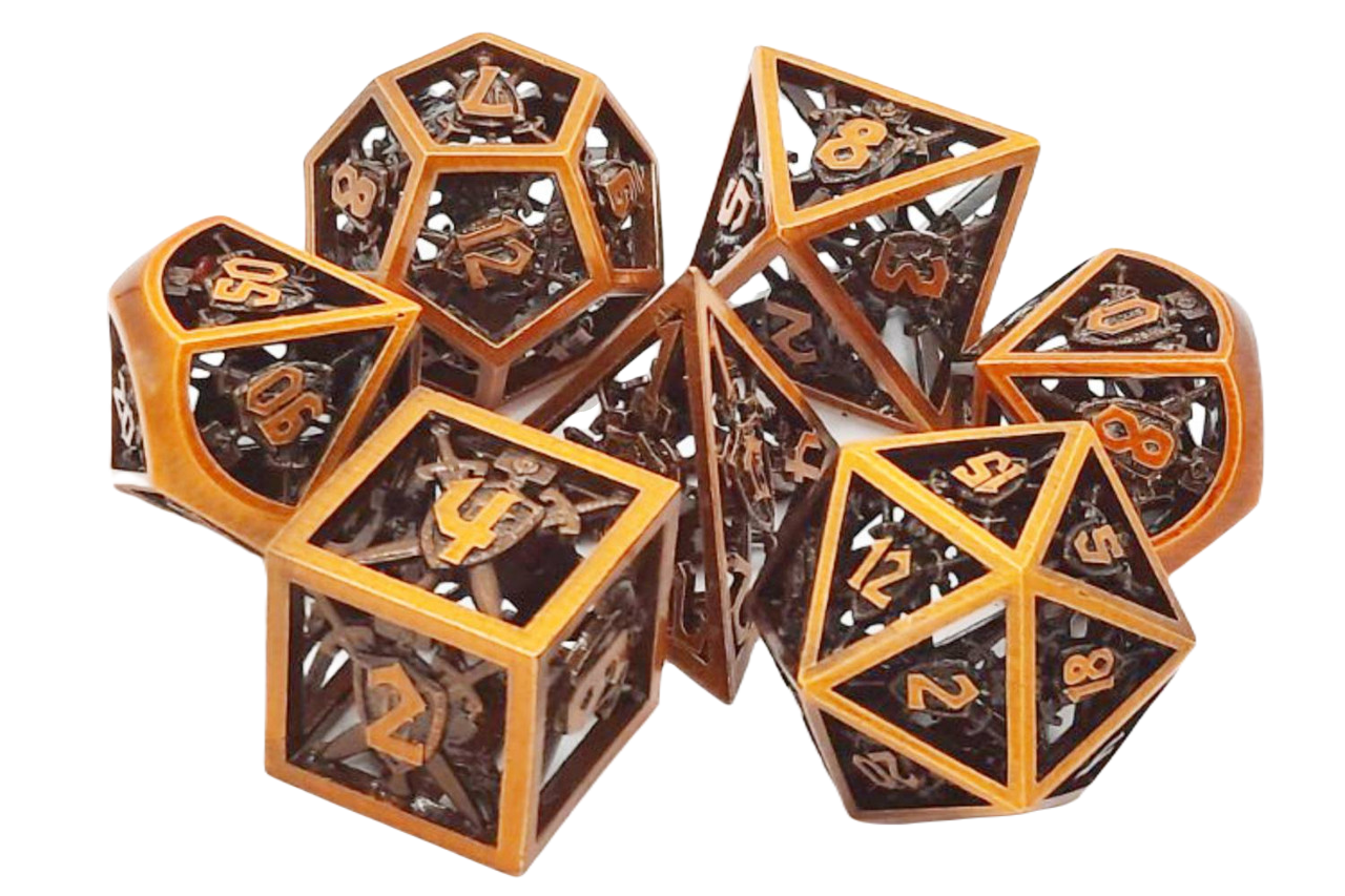 Old School Dice: 7 Piece Dice Set Metallic Hollow Sword & Shield Dice - Brushed Brass