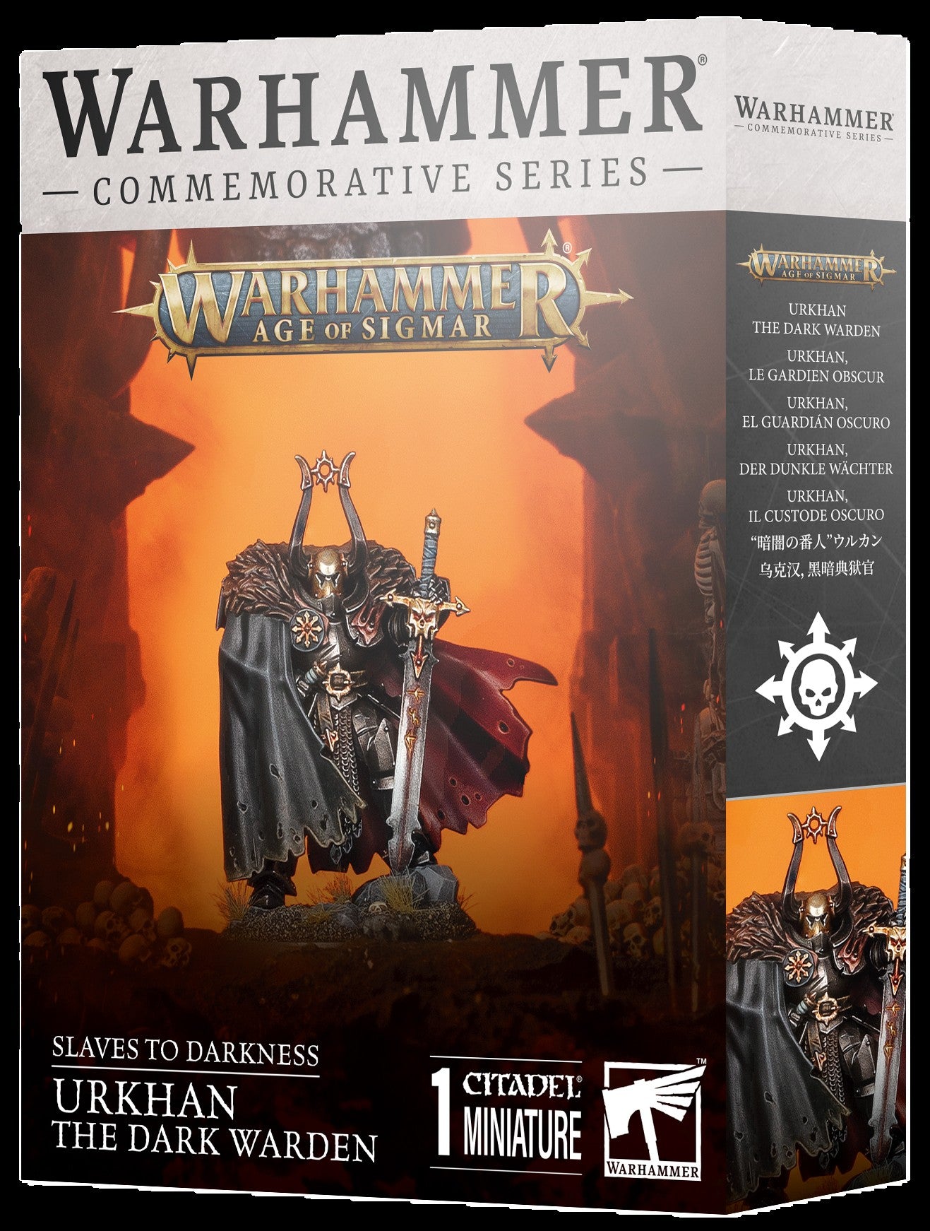 Warhammer Age of Sigmar figurine packaging with a warrior in dark robes and armor.