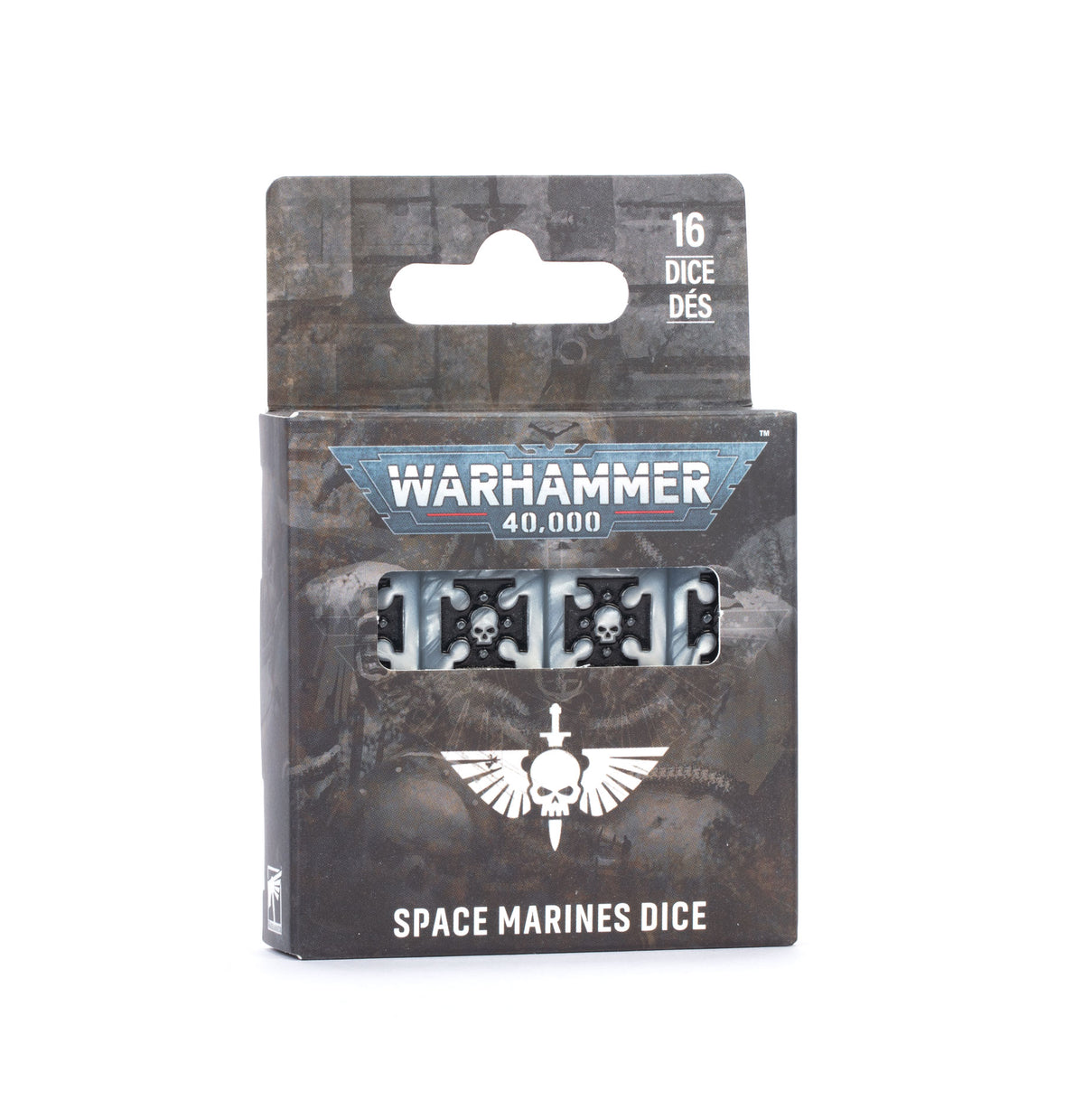 Pack of Warhammer 40,000 Space Marines dice in their original retail packaging, featuring a dark, industrial design with the Warhammer logo and the Space Marines winged skull emblem.