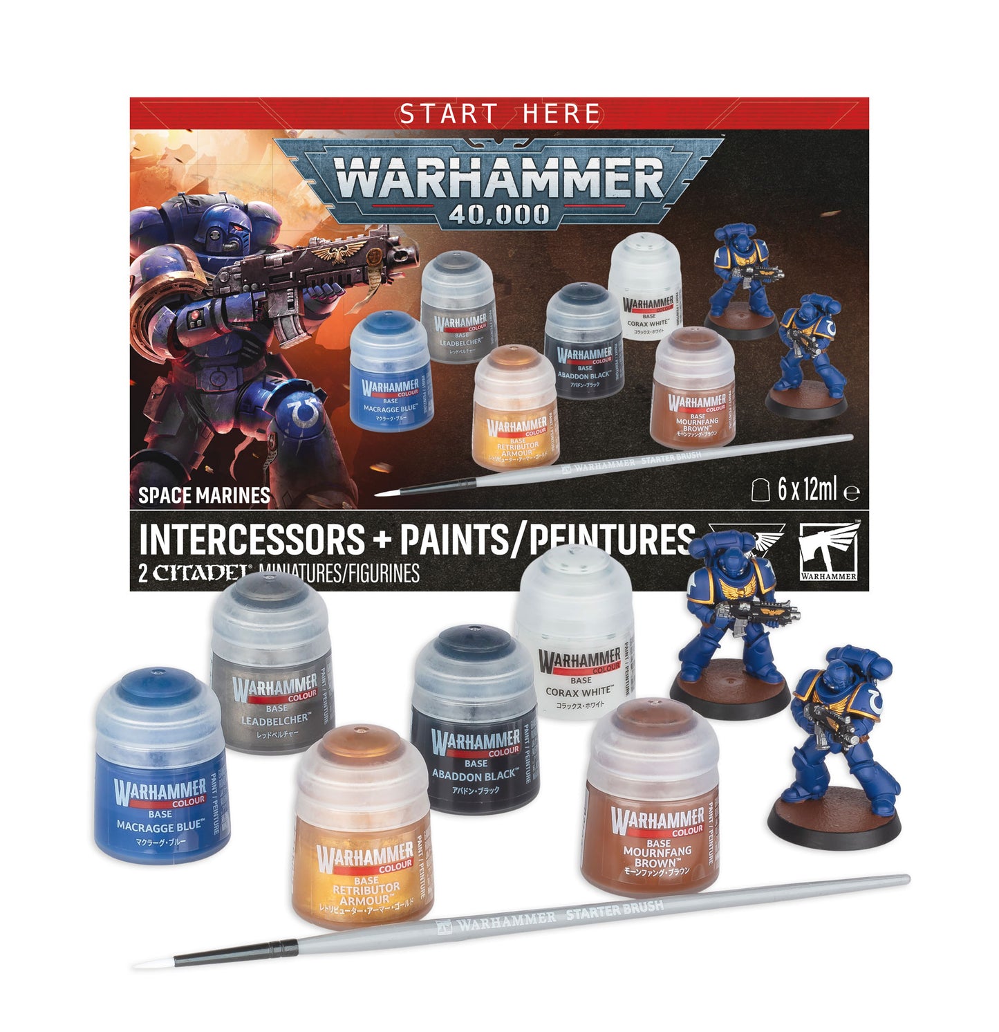 Warhammer 40,000 Space Marines paint kit with multiple small paint bottles, a brush, and two painted blue intercessor miniatures displayed in front of the product box on a white background.