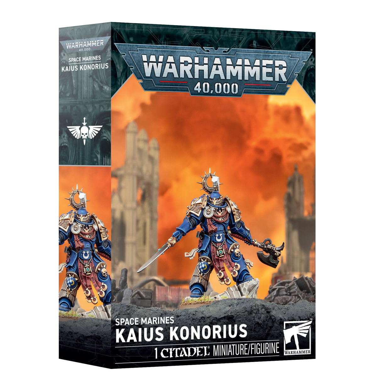 Warhammer 40,000 Space Marines Kaius Konorius miniature figure box, featuring a blue and red armored warrior in a fiery orange sci-fi cityscape, with Warhammer and Games Workshop branding.