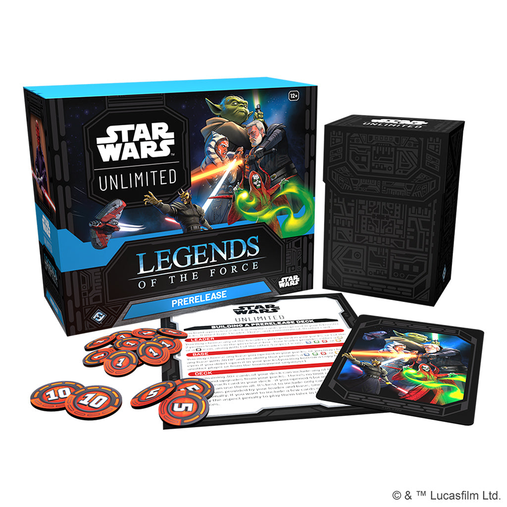 Star Wars Unlimited Legends of the Force Prerelease box set with Yoda, Darth Vader, and iconic characters in dynamic battle artwork – includes game tokens, cards, and instructions for TCG fans.