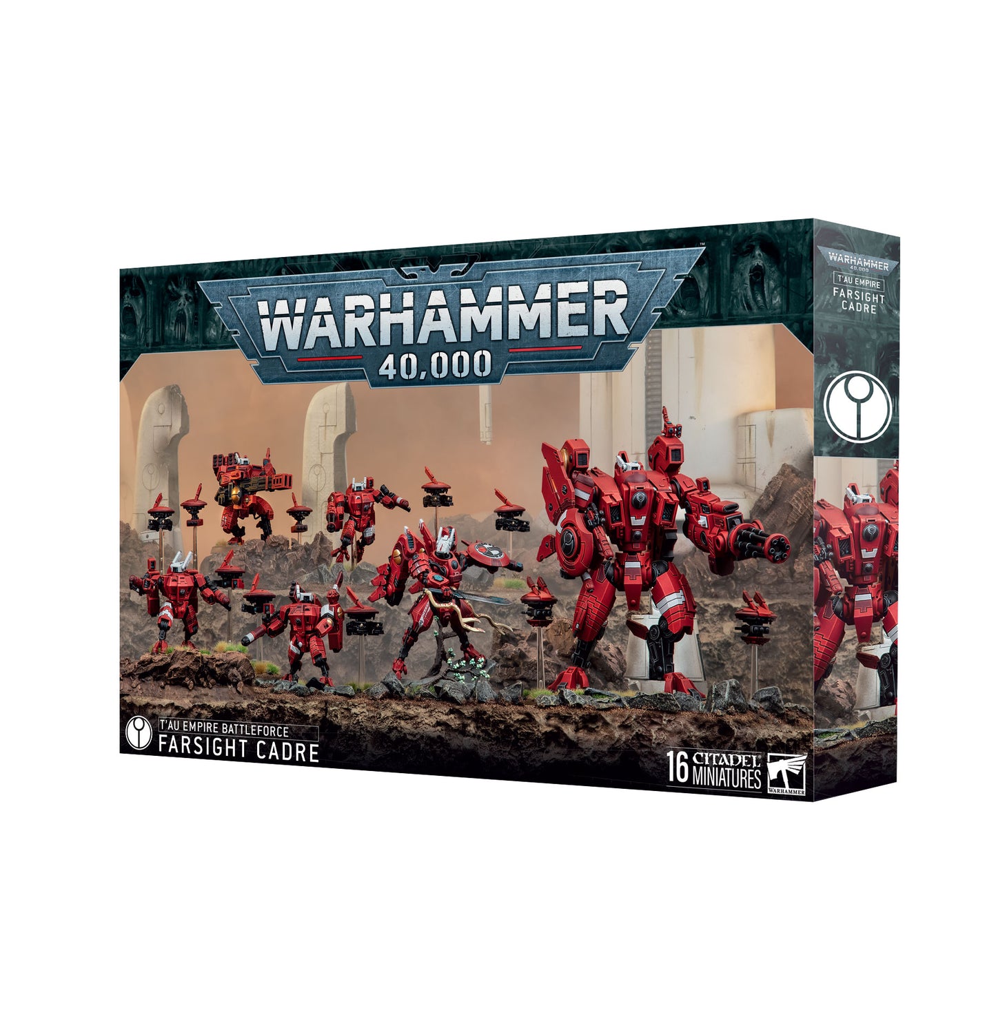 Warhammer 40,000 game box with red robot figures on a desert landscape