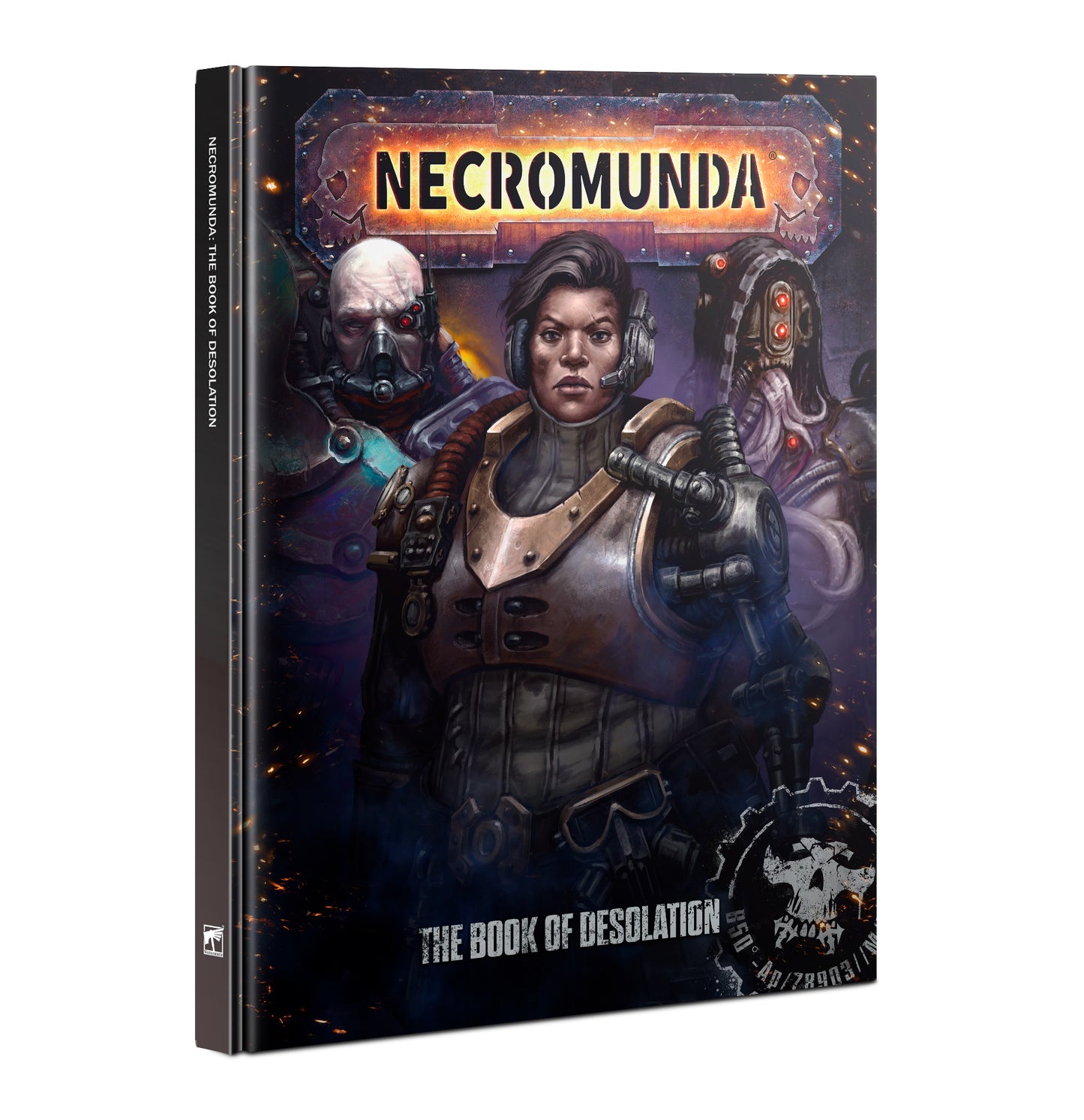 Cover of the Necromunda: The Book of Desolation board game rulebook showcasing a illustrated image of a character and a dystopian landscape.