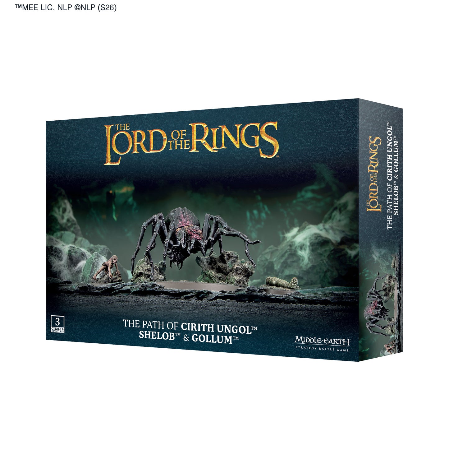 Board game box for 'The Lord of the Rings' featuring Shelob and Gollum on a dark background.
