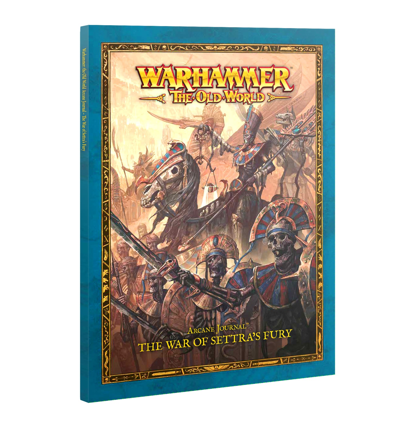 Book cover of 'Warhammer: The Old World' with warrior illustration on a blue background