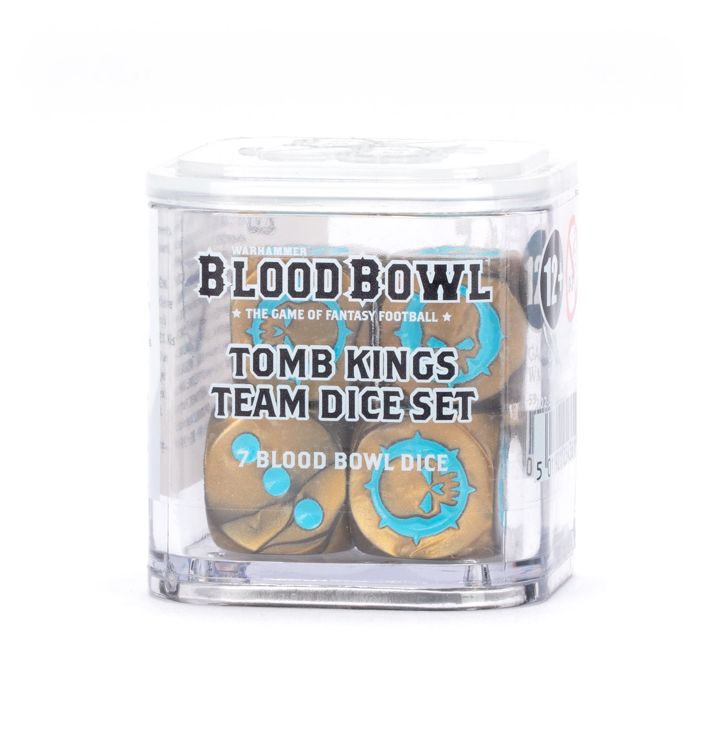 Clear container with 'Blood Bowl' Tomb Kings Team Dice Set on a white background gold and teal dice