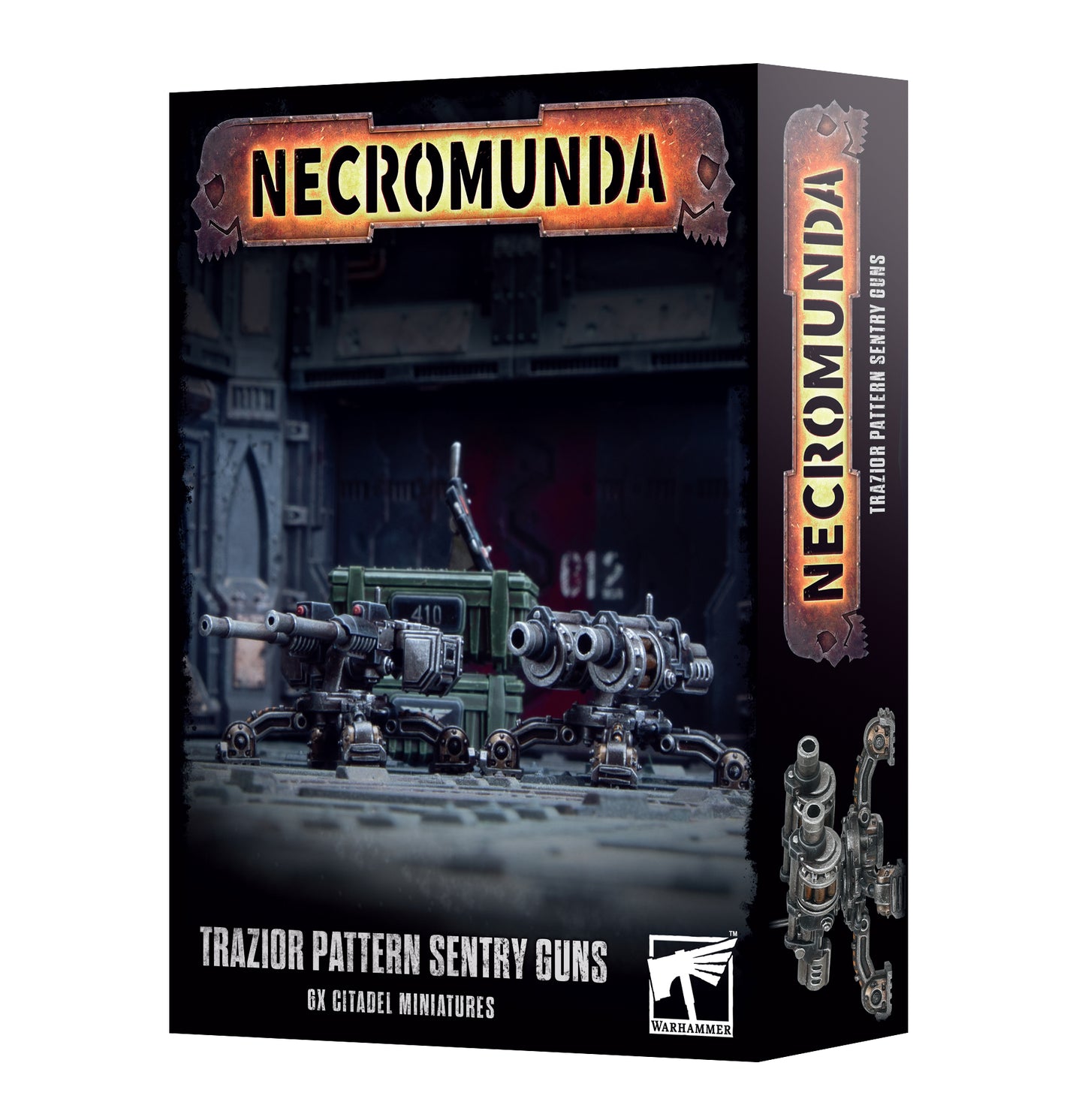 Boxed set of Necromunda: Trazior Pattern Sentry Guns, featuring four sentry gun models and two ammo crates, all in black with detailed metal and plastic components.
