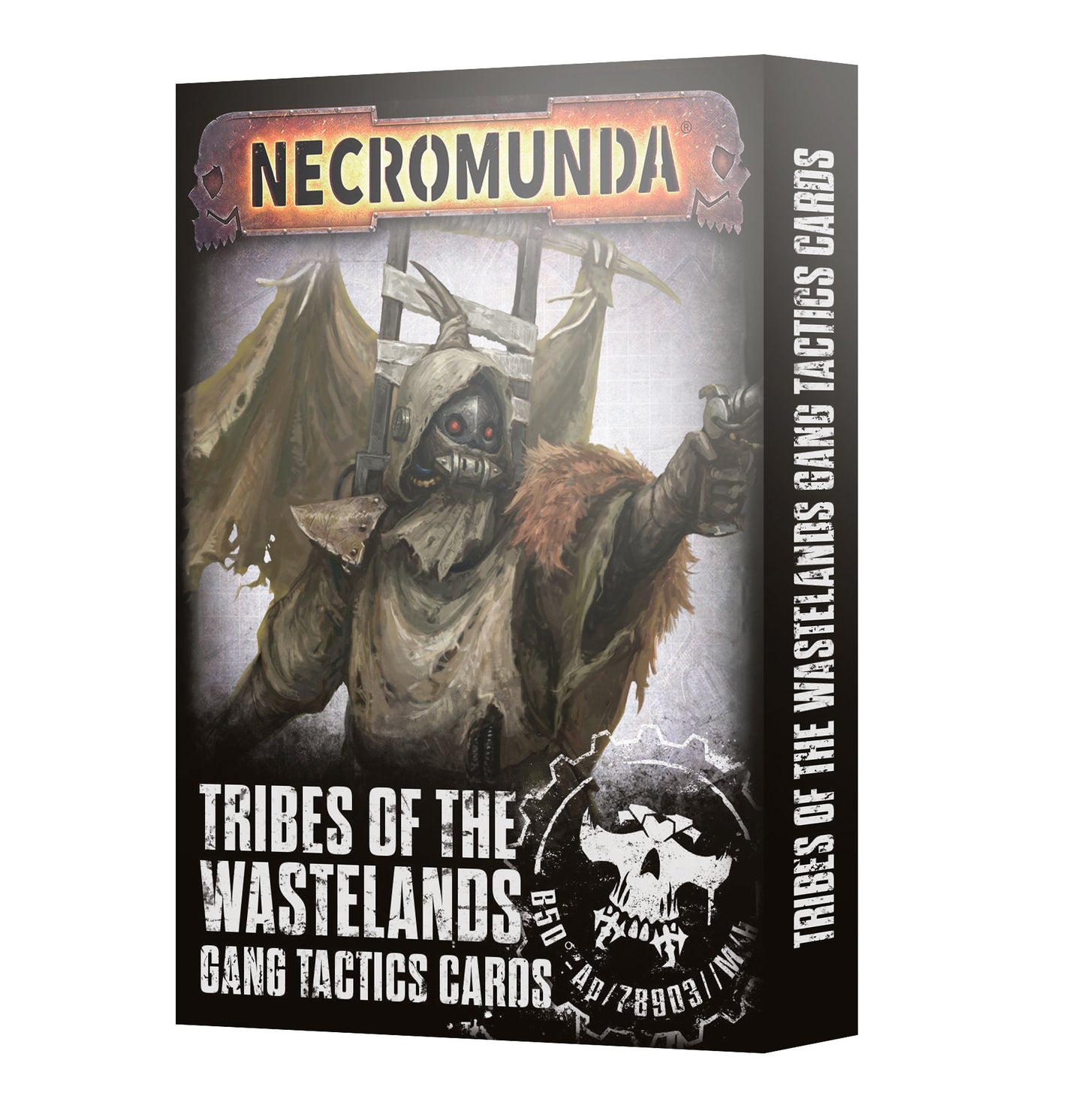 Packaging for Necromunda: Tribes of the Wastelands Gang Tactics Cards, featuring a hooded figure in a wasteland setting.