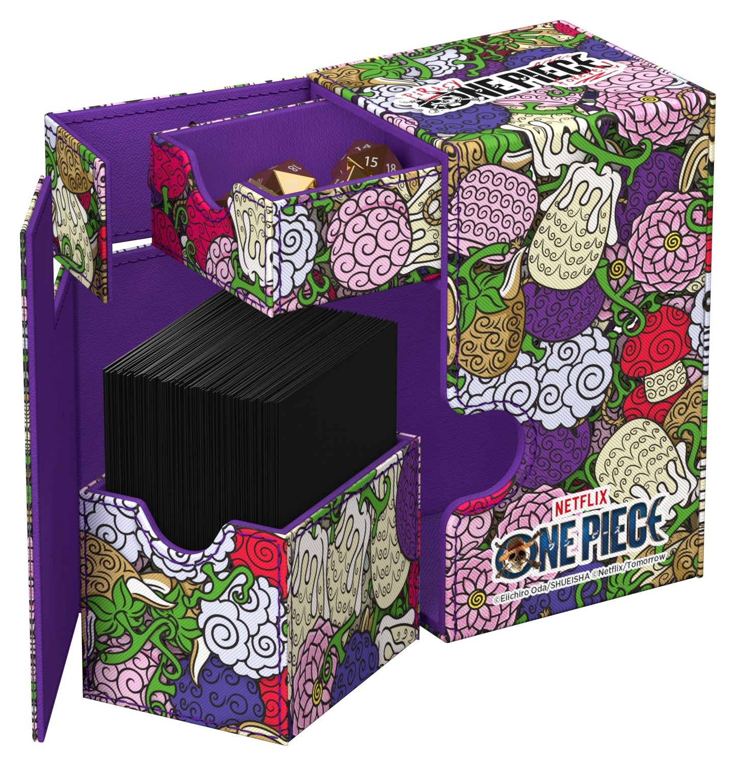 Ultimate Guard opened deck box with a Devil Fruit-based design as well as a tray for dice
