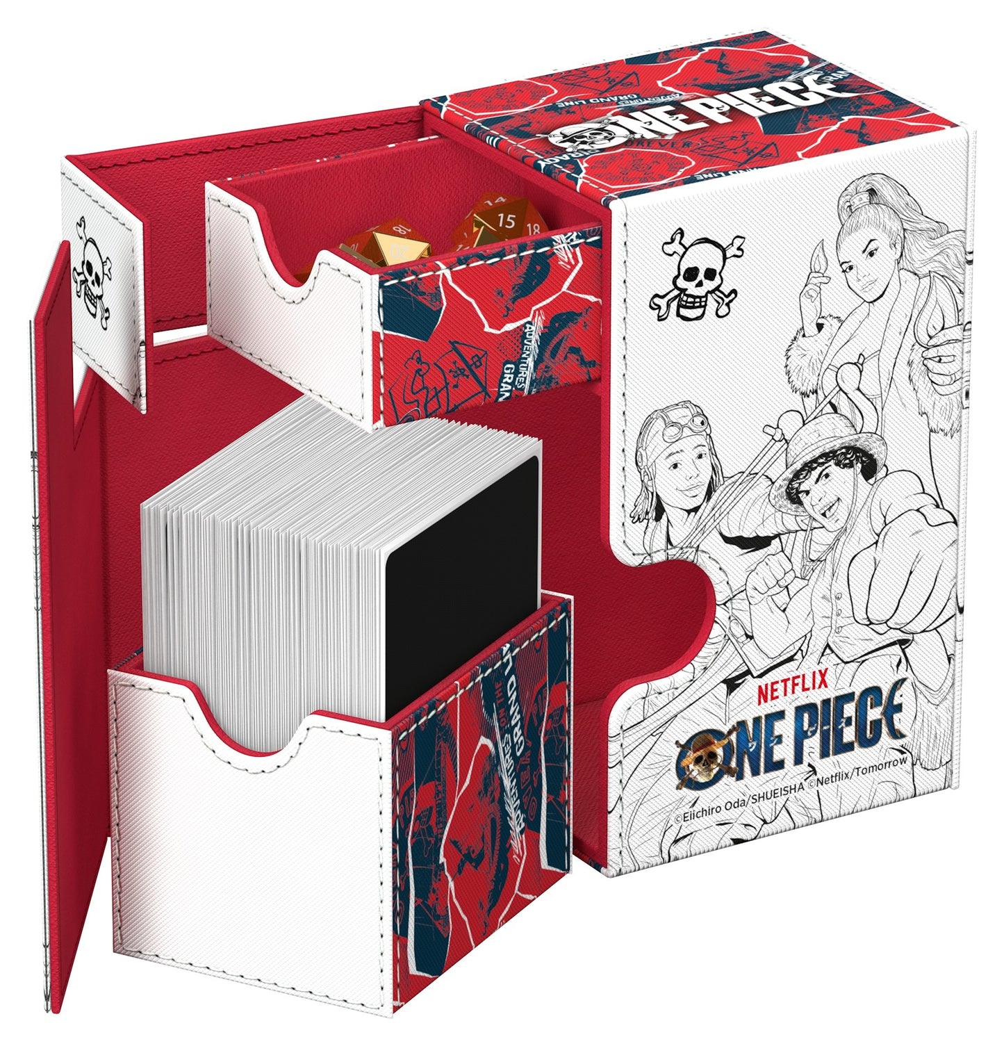 Ultimate Guard opened deck box with a black and white sketch design of the characters from the Netflix One Piece series as well as a tray for dice