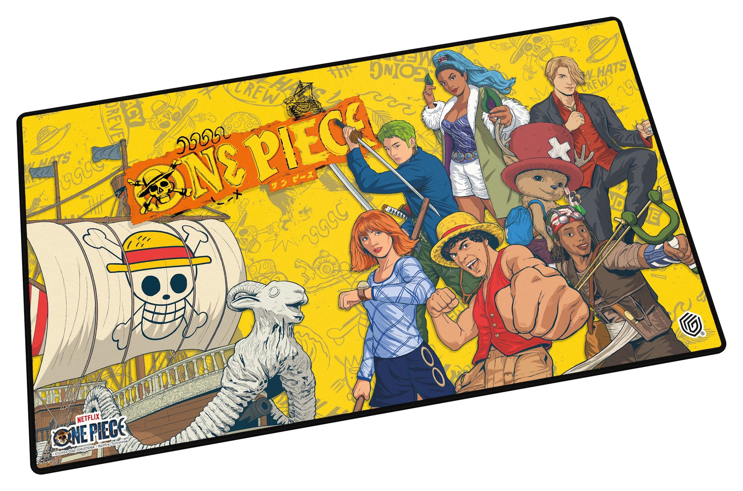 One Piece playmat with a design featuring the Straw Hat Crew on a yellow background