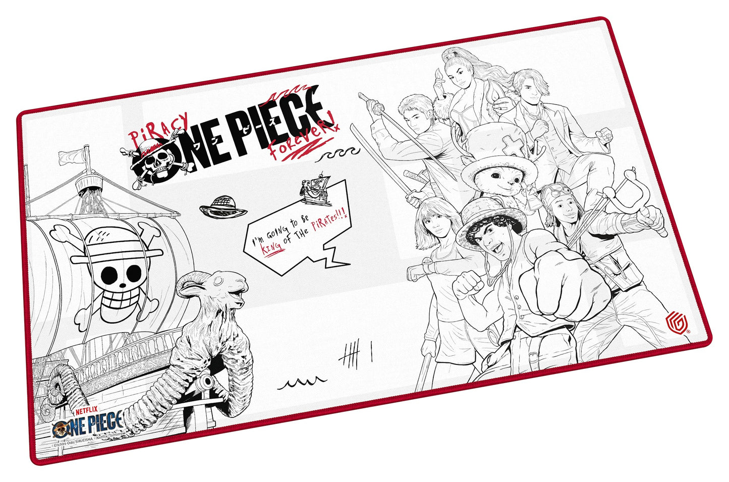 One Piece playmat with a black and white sketch design of the Straw Hat crew on a white background