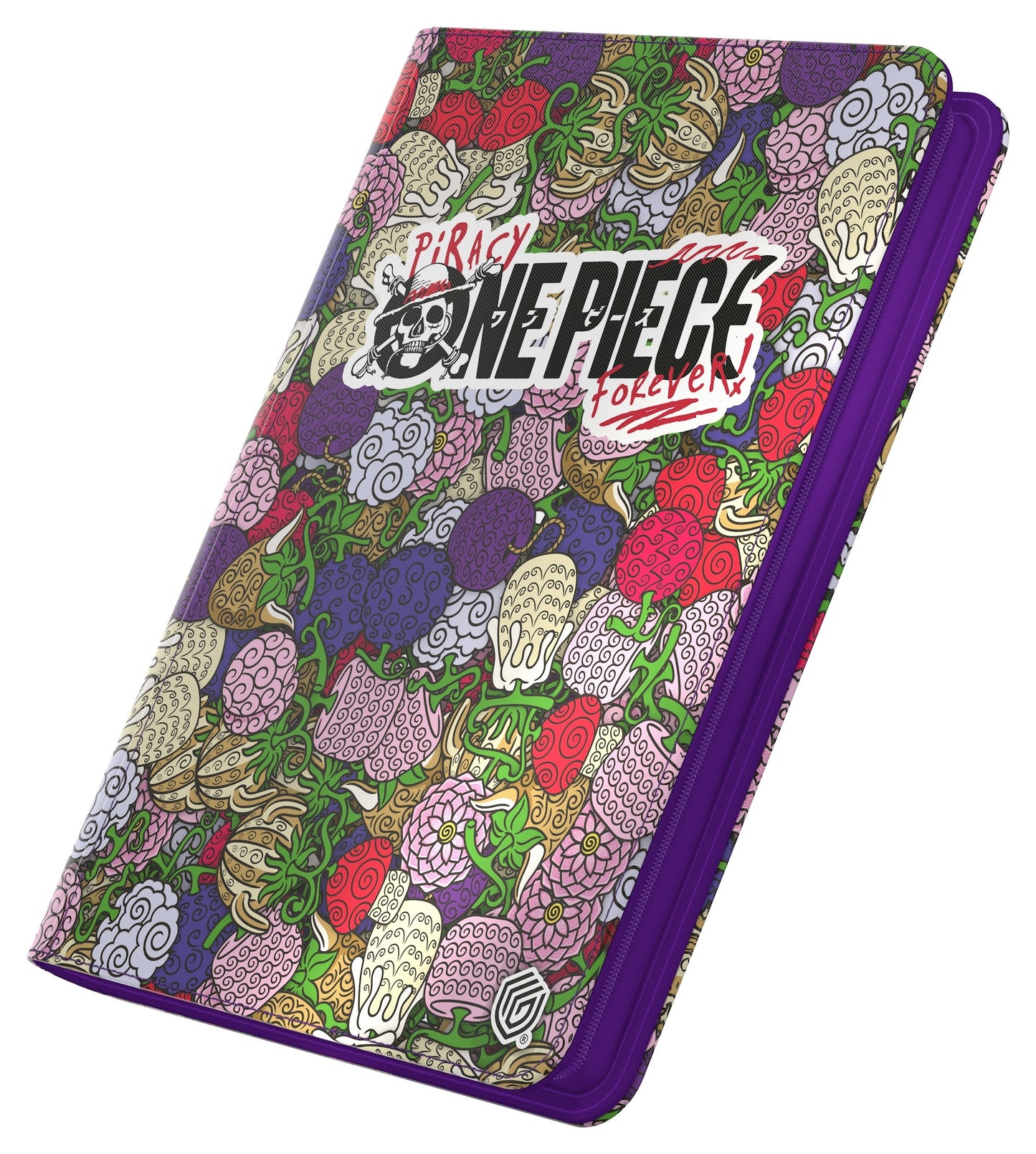 Card binder featuring artwork of Devil Fruits from the Netflix One Piece series characters on a purple background