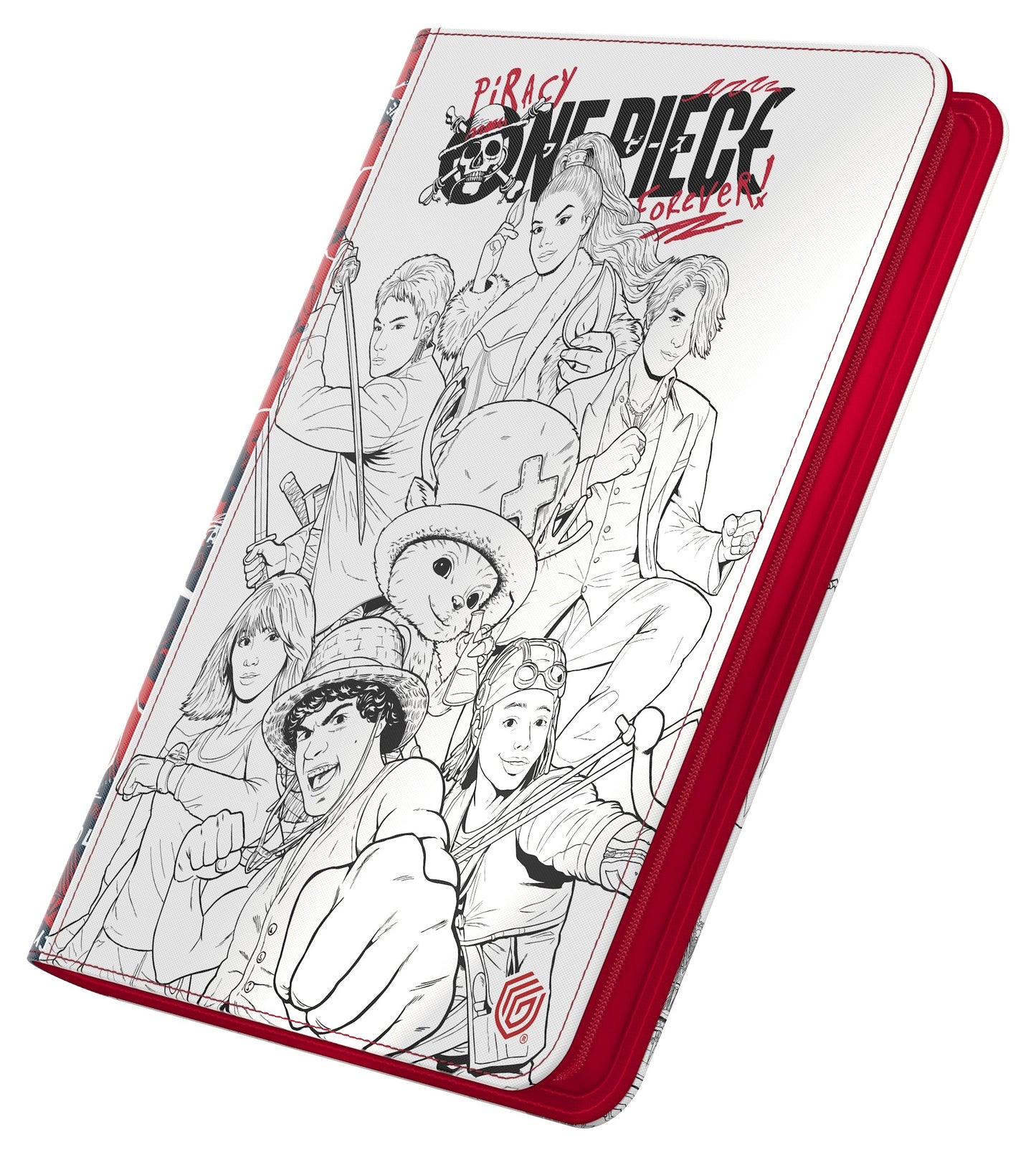 Card binder featuring black and white sketch artwork of the main characters from the Netflix One Piece series characters on a white background
