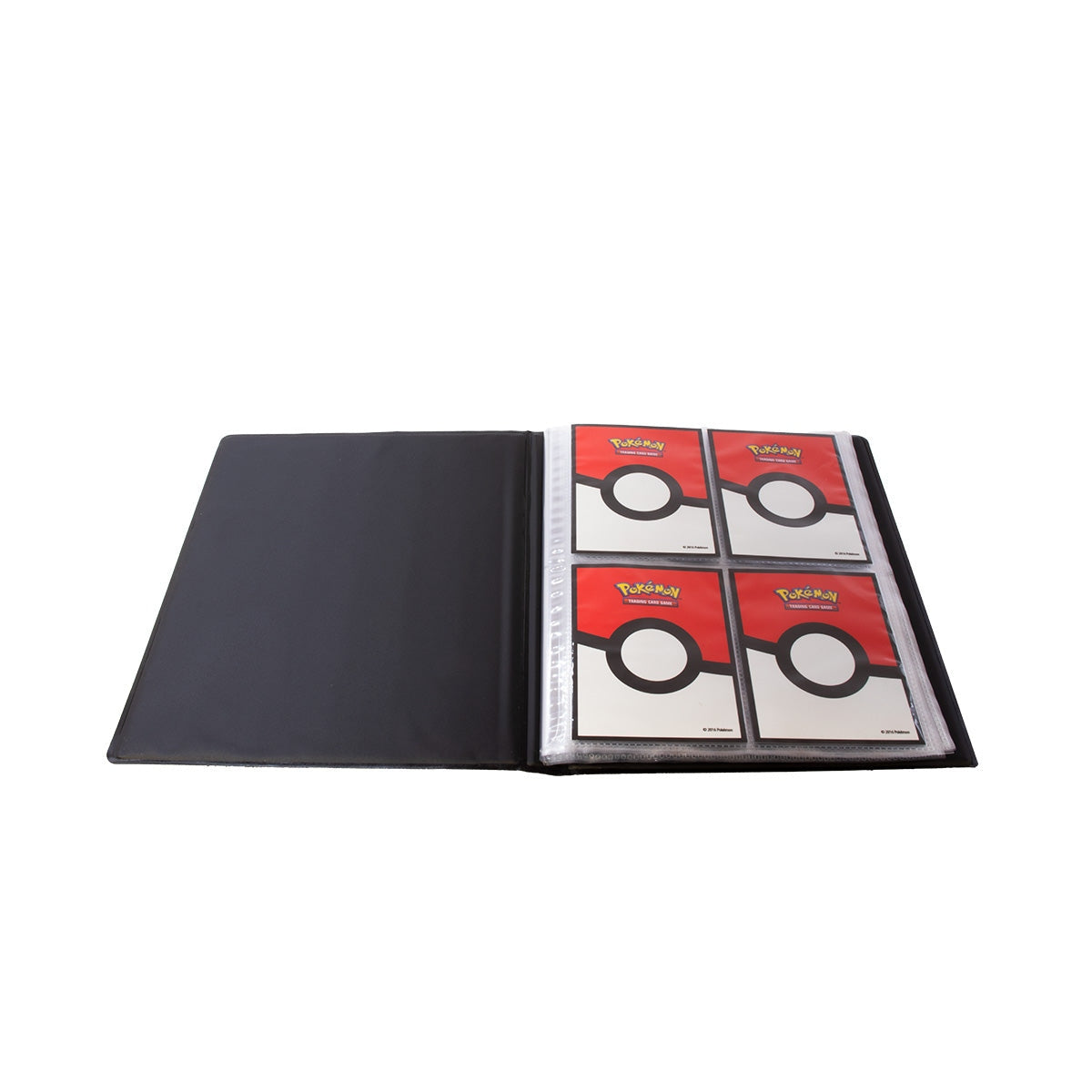 Black trading card album with red and white card sleeves on a white background